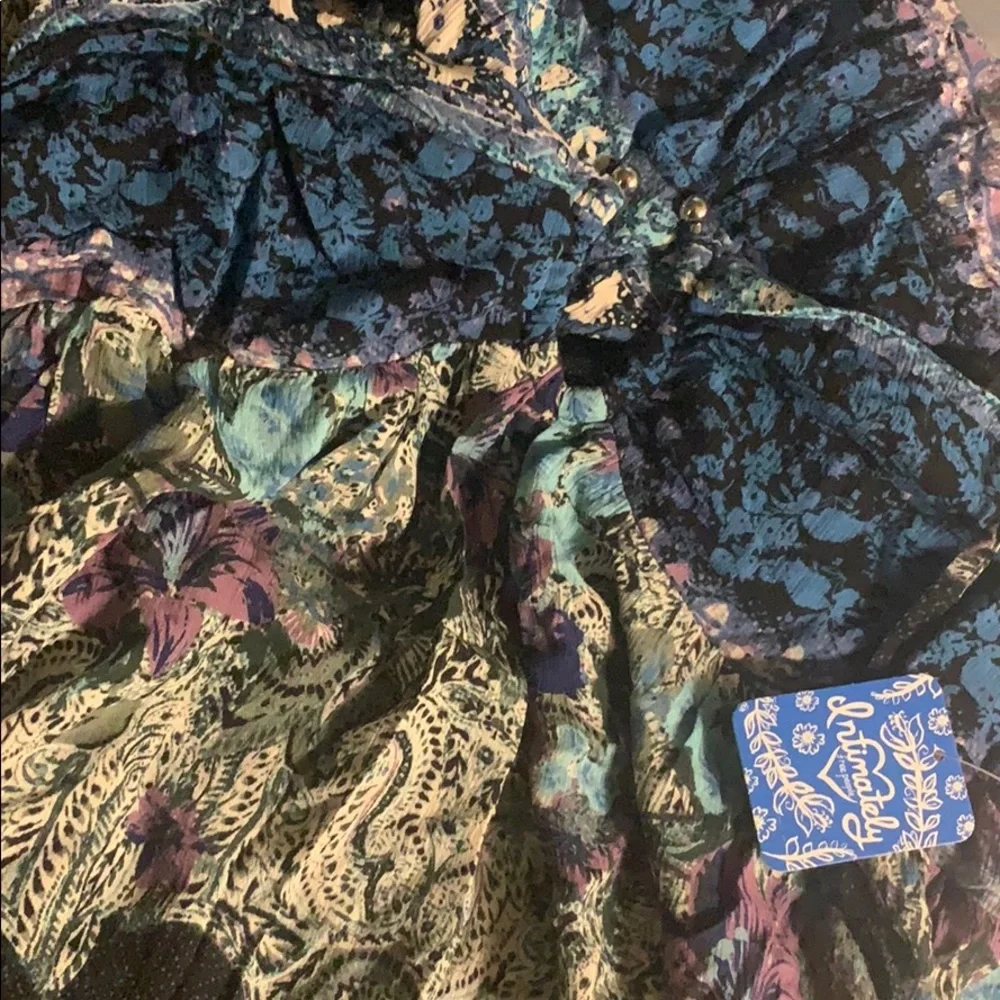 Free People Black Floral Tiered Maxi Dress with Teal and Purple Accents